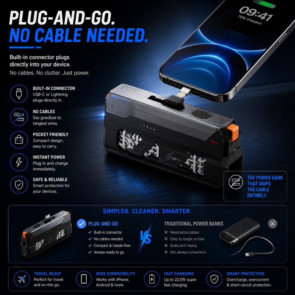 PowerClip™ Mini Magnetic Clip-On Power Bank with Built-In Connector